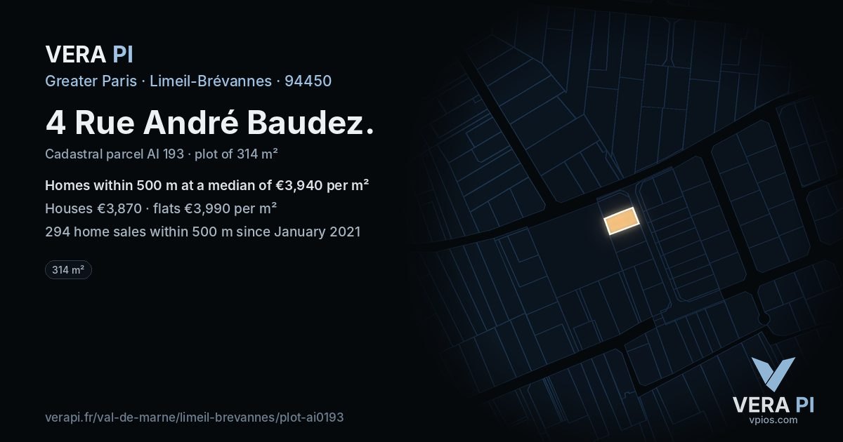 4 Rue André Baudez, Limeil-Brévannes at night – the plot lit, the parcels around coloured by the prices near them
