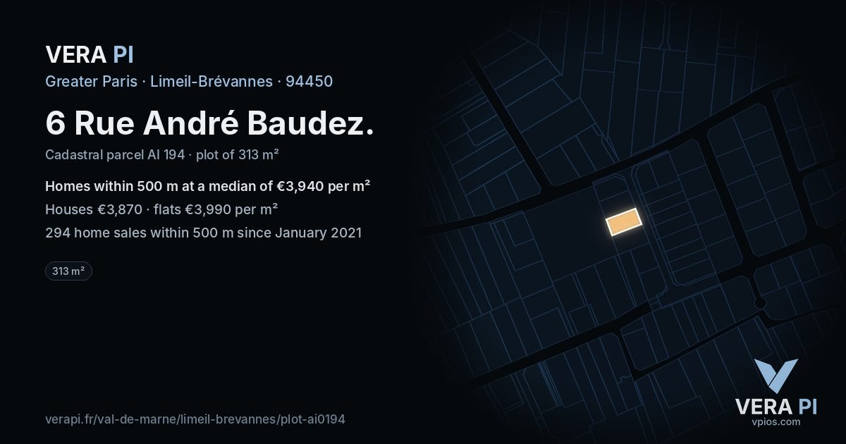 6 Rue André Baudez, Limeil-Brévannes at night – the plot lit, the parcels around coloured by the prices near them
