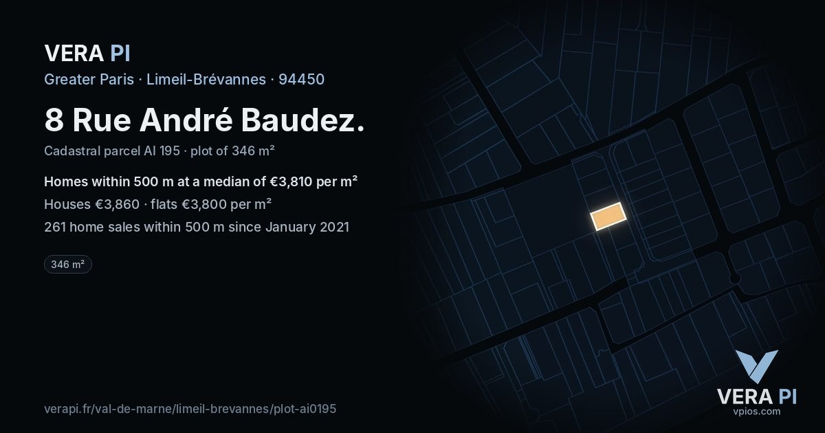 8 Rue André Baudez, Limeil-Brévannes at night – the plot lit, the parcels around coloured by the prices near them