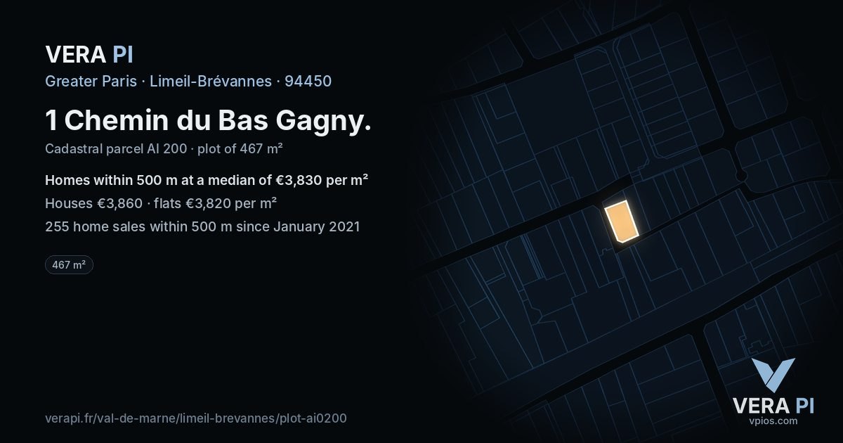 1 Chemin du Bas Gagny, Limeil-Brévannes at night – the plot lit, the parcels around coloured by the prices near them