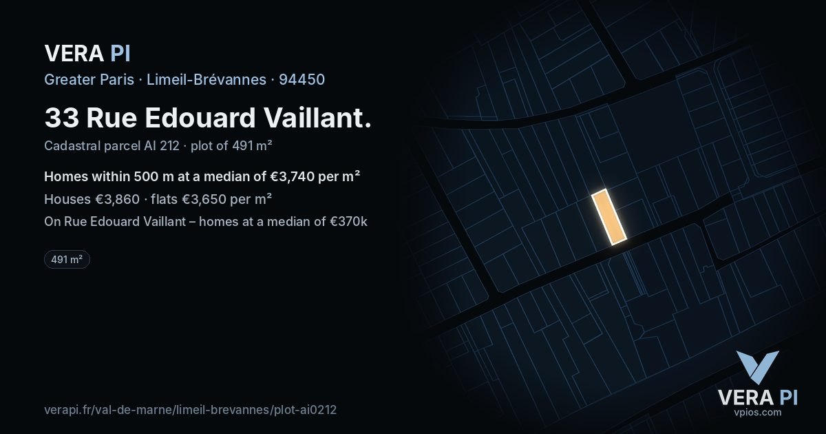 33 Rue Edouard Vaillant, Limeil-Brévannes at night – the plot lit, the parcels around coloured by the prices near them