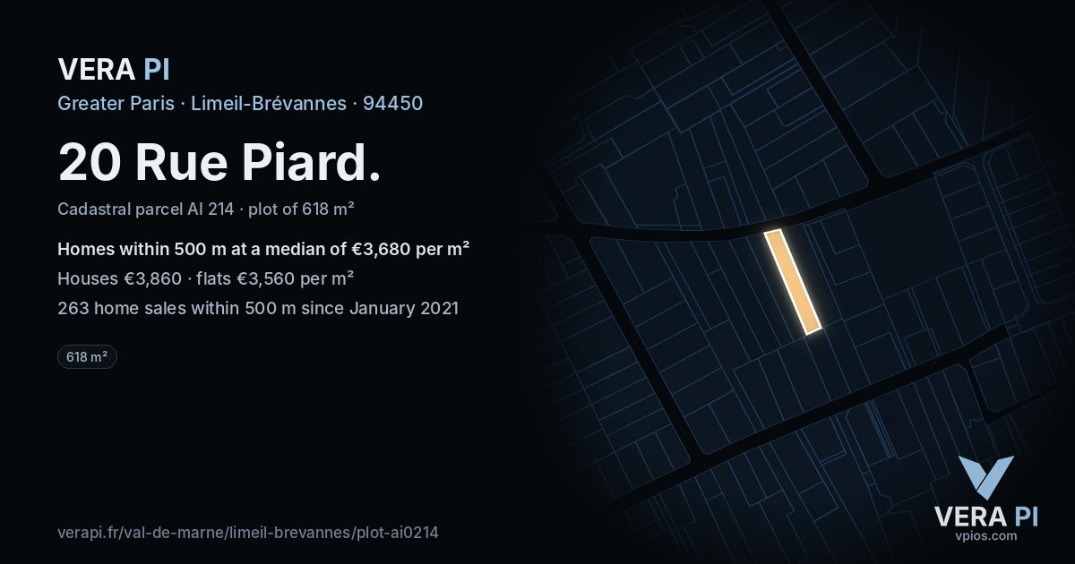 20 Rue Piard, Limeil-Brévannes at night – the plot lit, the parcels around coloured by the prices near them