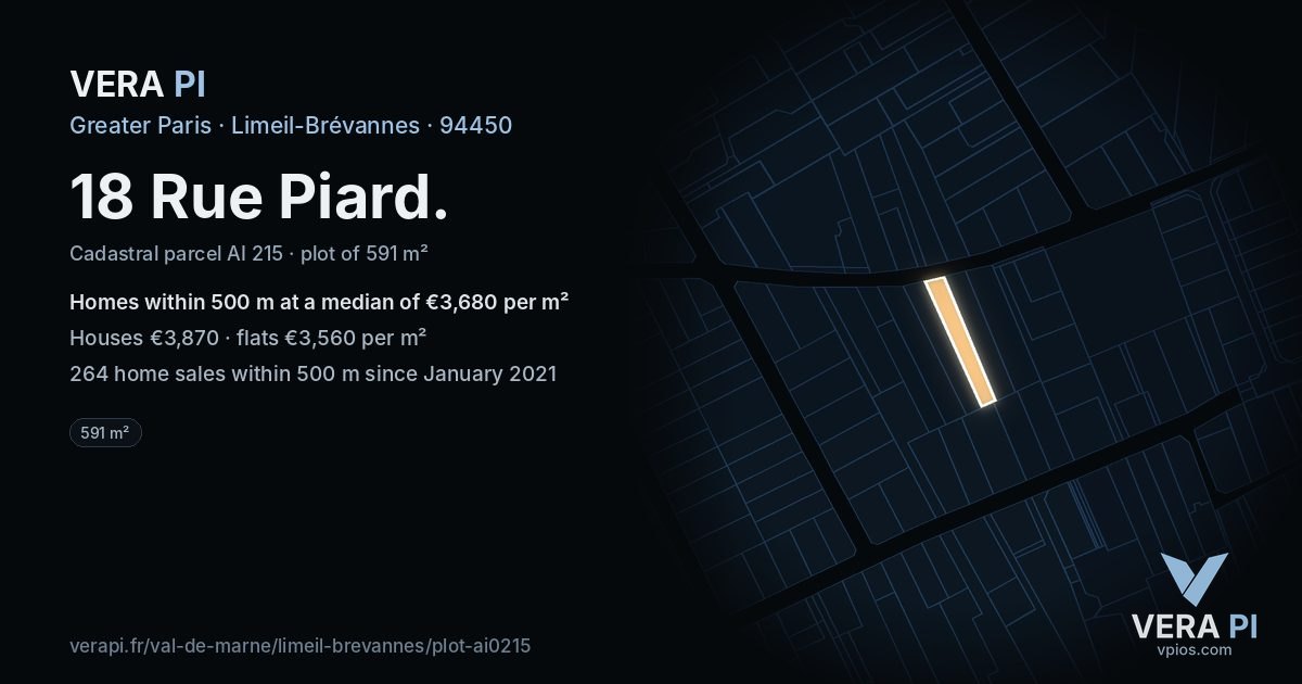 18 Rue Piard, Limeil-Brévannes at night – the plot lit, the parcels around coloured by the prices near them