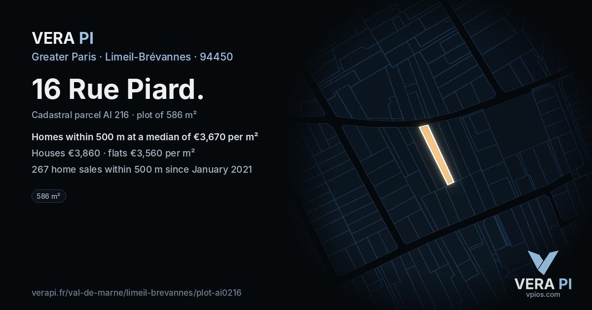 16 Rue Piard, Limeil-Brévannes at night – the plot lit, the parcels around coloured by the prices near them