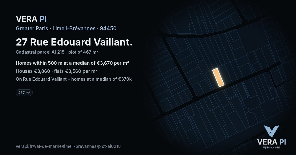 27 Rue Edouard Vaillant, Limeil-Brévannes at night – the plot lit, the parcels around coloured by the prices near them