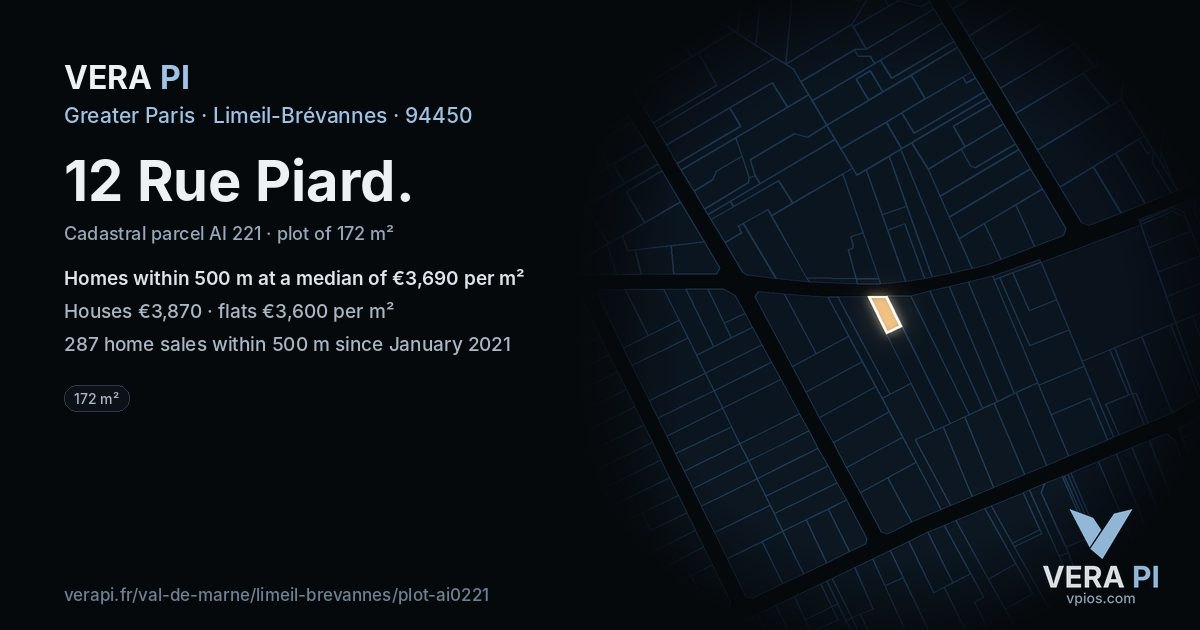 12 Rue Piard, Limeil-Brévannes at night – the plot lit, the parcels around coloured by the prices near them
