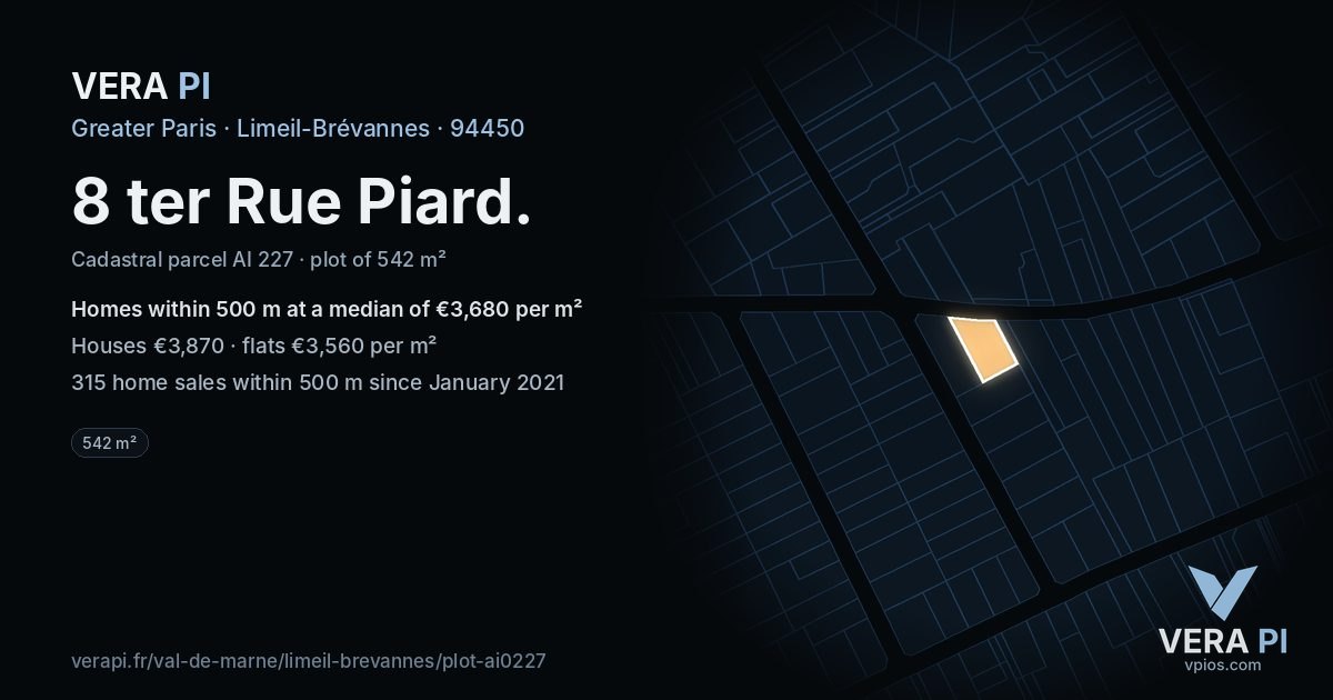 8 ter Rue Piard, Limeil-Brévannes at night – the plot lit, the parcels around coloured by the prices near them