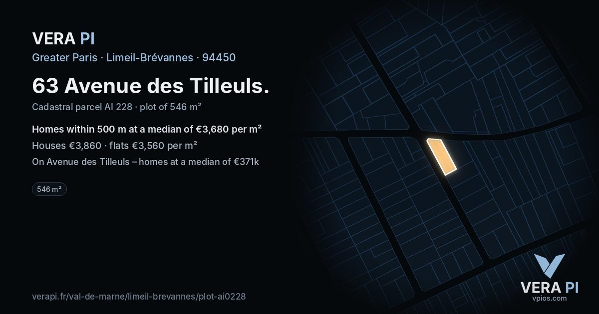 63 Avenue des Tilleuls, Limeil-Brévannes at night – the plot lit, the parcels around coloured by the prices near them