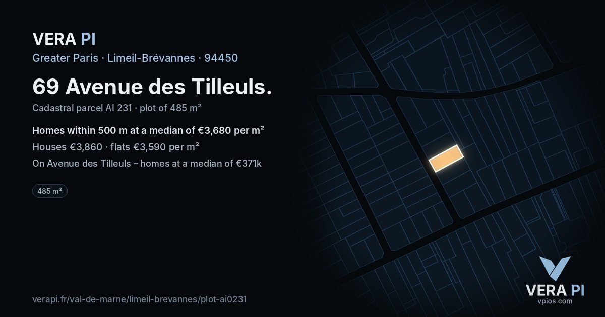 69 Avenue des Tilleuls, Limeil-Brévannes at night – the plot lit, the parcels around coloured by the prices near them