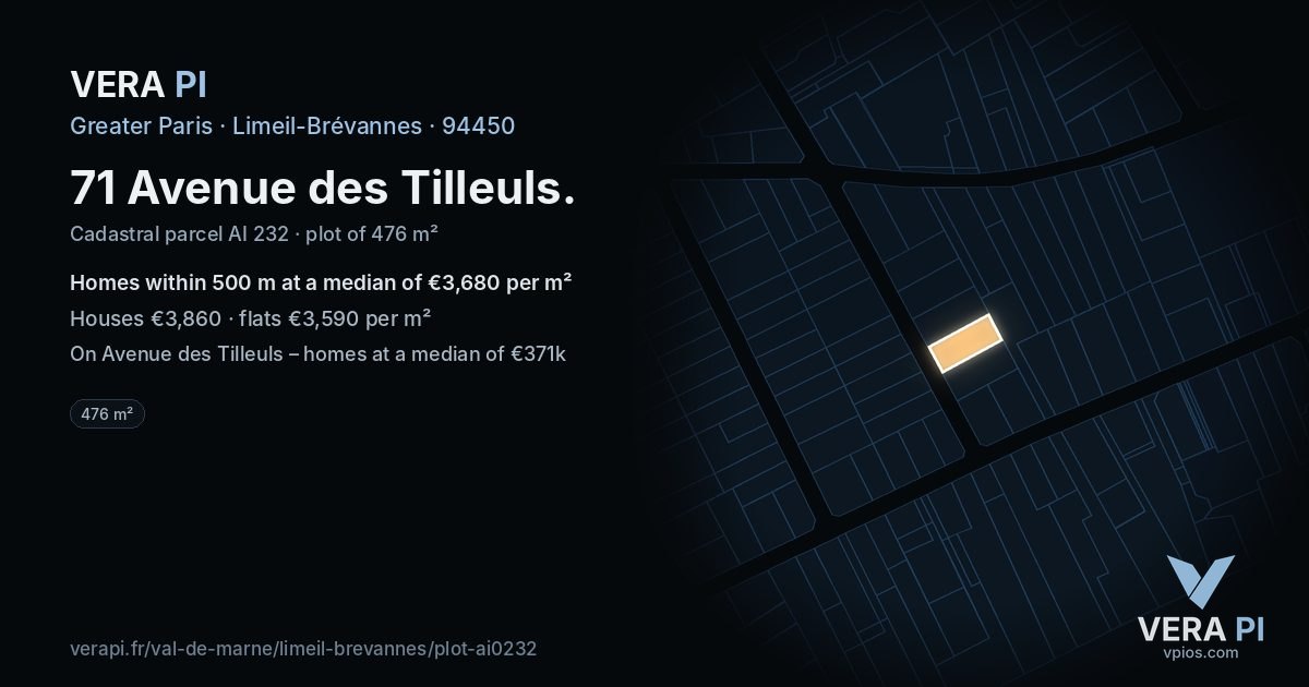 71 Avenue des Tilleuls, Limeil-Brévannes at night – the plot lit, the parcels around coloured by the prices near them