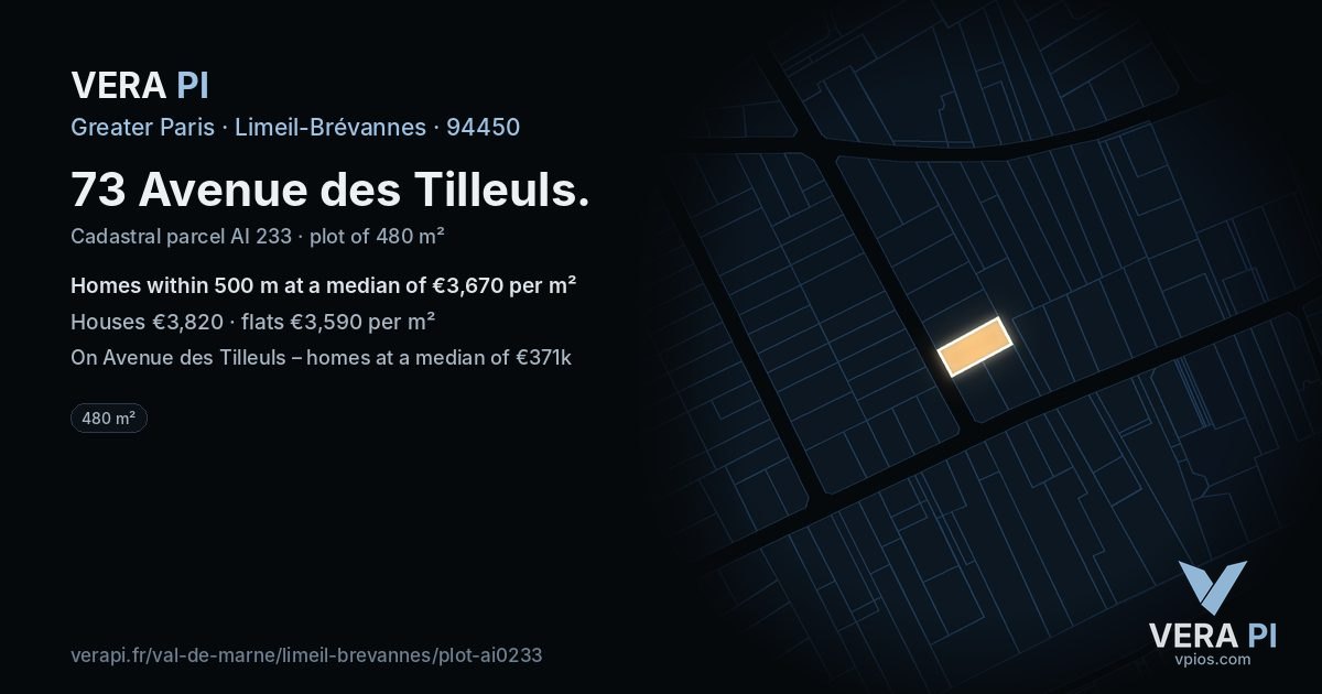 73 Avenue des Tilleuls, Limeil-Brévannes at night – the plot lit, the parcels around coloured by the prices near them