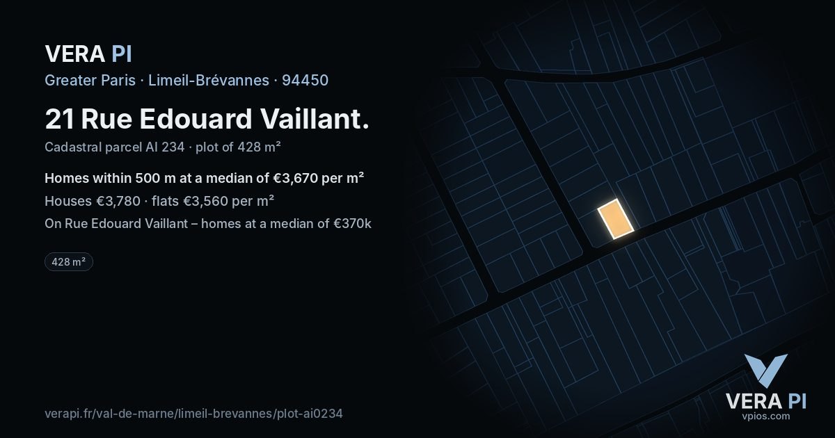 21 Rue Edouard Vaillant, Limeil-Brévannes at night – the plot lit, the parcels around coloured by the prices near them