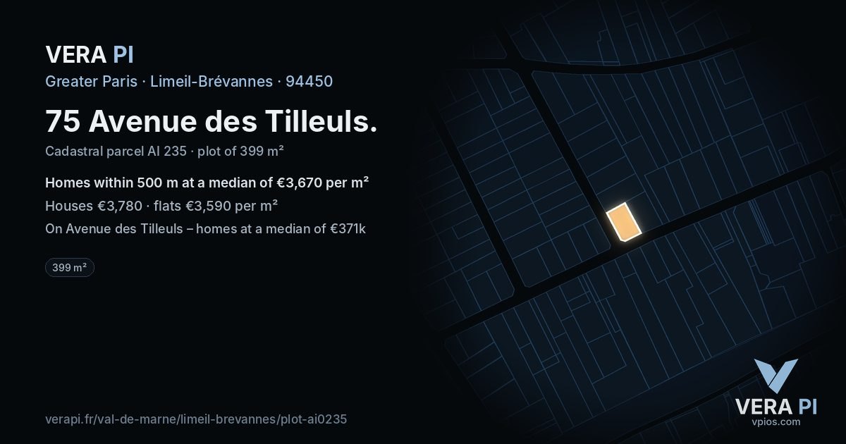 75 Avenue des Tilleuls, Limeil-Brévannes at night – the plot lit, the parcels around coloured by the prices near them