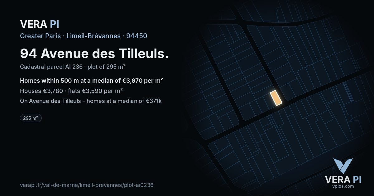 94 Avenue des Tilleuls, Limeil-Brévannes at night – the plot lit, the parcels around coloured by the prices near them