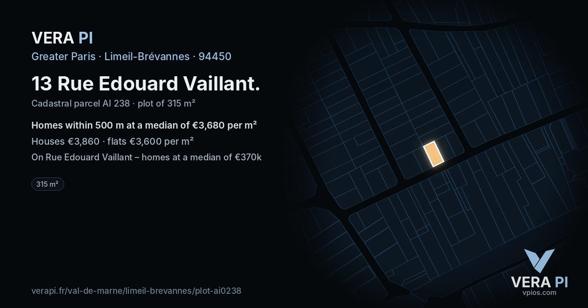 13 Rue Edouard Vaillant, Limeil-Brévannes at night – the plot lit, the parcels around coloured by the prices near them