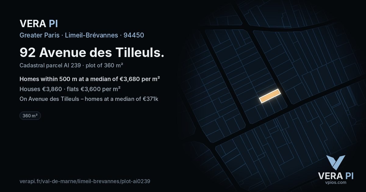 92 Avenue des Tilleuls, Limeil-Brévannes at night – the plot lit, the parcels around coloured by the prices near them