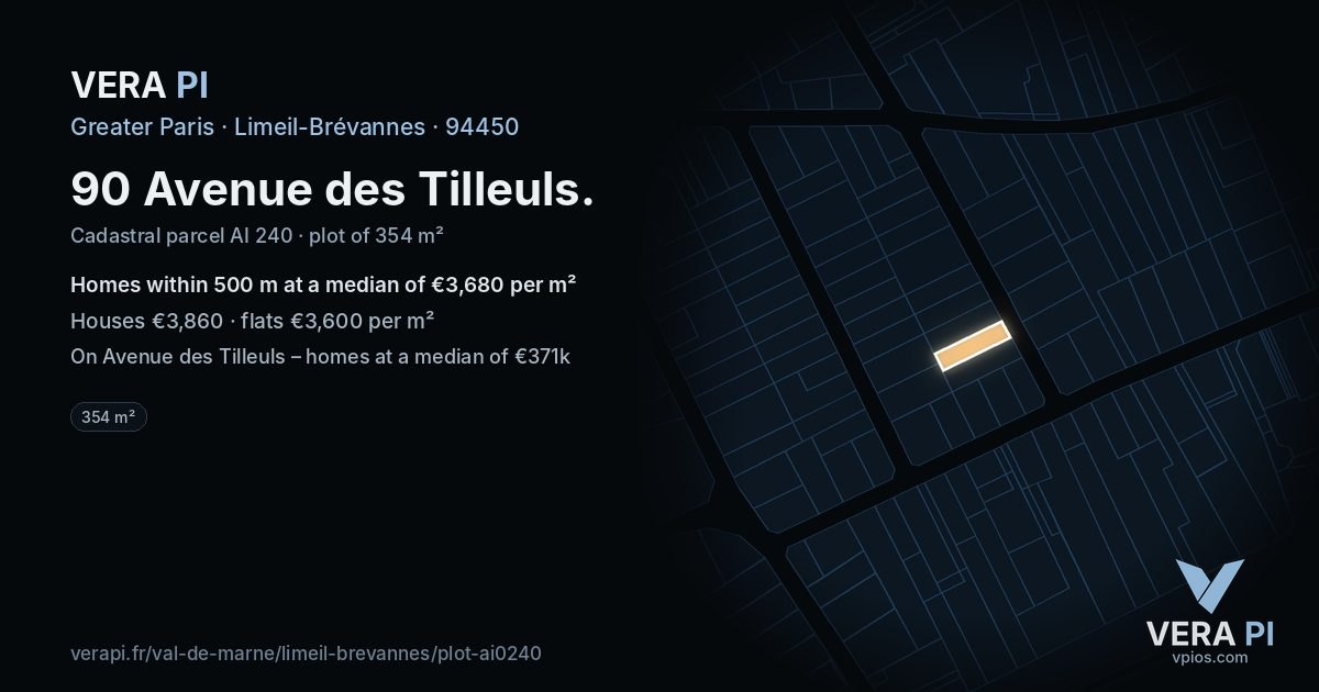 90 Avenue des Tilleuls, Limeil-Brévannes at night – the plot lit, the parcels around coloured by the prices near them