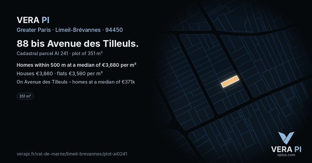 88 bis Avenue des Tilleuls, Limeil-Brévannes at night – the plot lit, the parcels around coloured by the prices near them