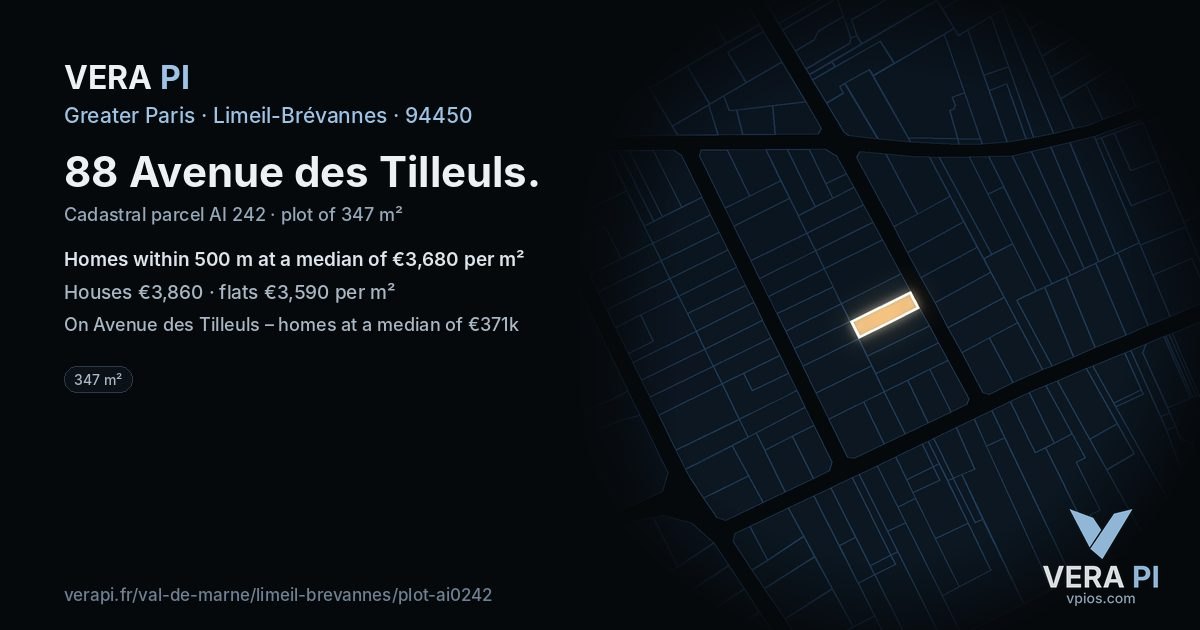 88 Avenue des Tilleuls, Limeil-Brévannes at night – the plot lit, the parcels around coloured by the prices near them
