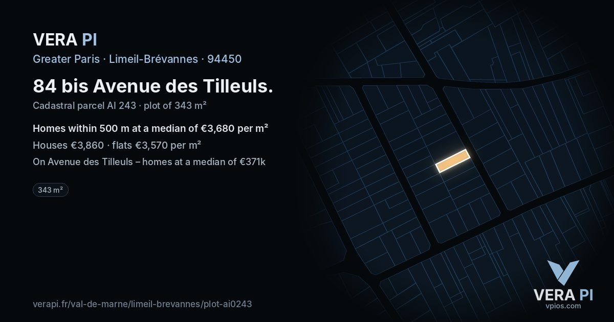 84 bis Avenue des Tilleuls, Limeil-Brévannes at night – the plot lit, the parcels around coloured by the prices near them