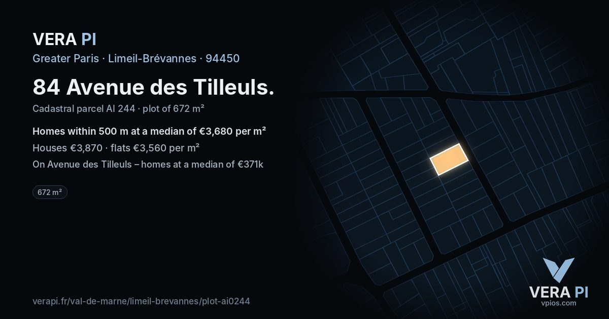 84 Avenue des Tilleuls, Limeil-Brévannes at night – the plot lit, the parcels around coloured by the prices near them