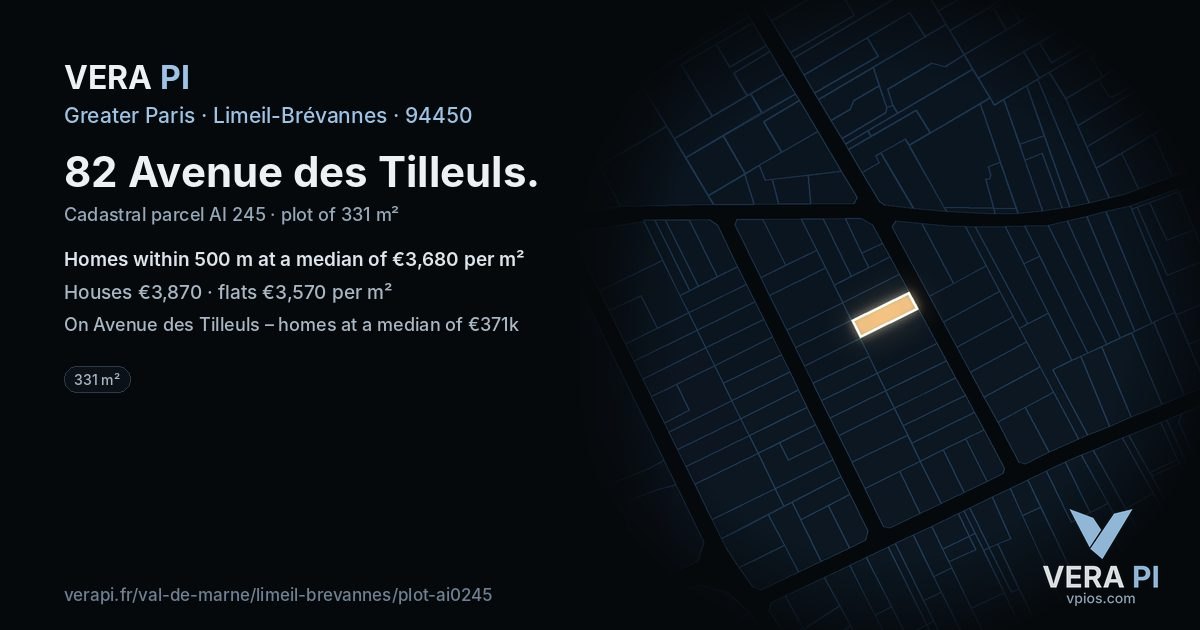 82 Avenue des Tilleuls, Limeil-Brévannes at night – the plot lit, the parcels around coloured by the prices near them