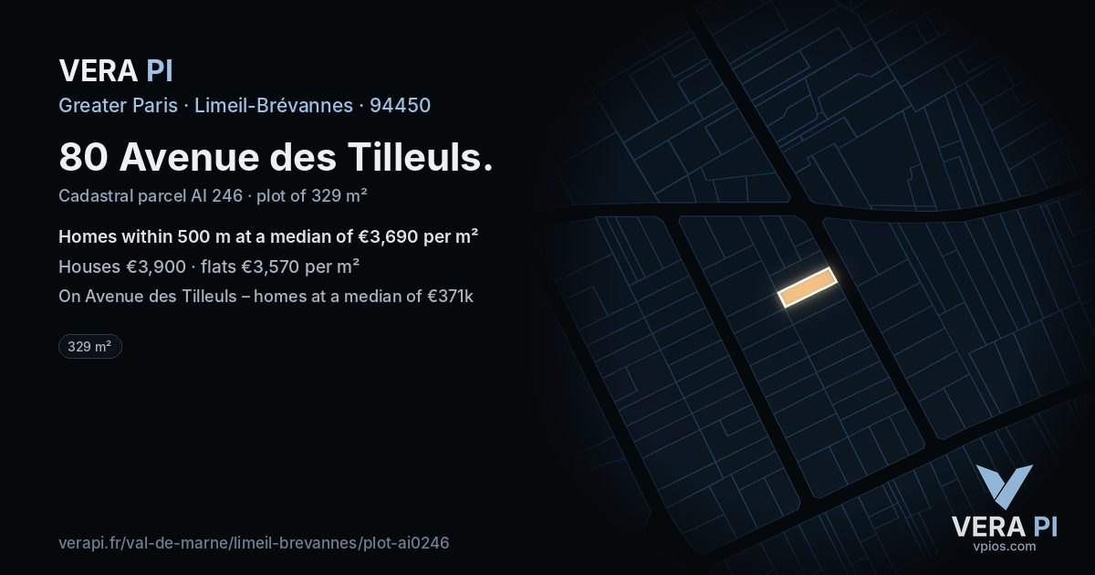 80 Avenue des Tilleuls, Limeil-Brévannes at night – the plot lit, the parcels around coloured by the prices near them