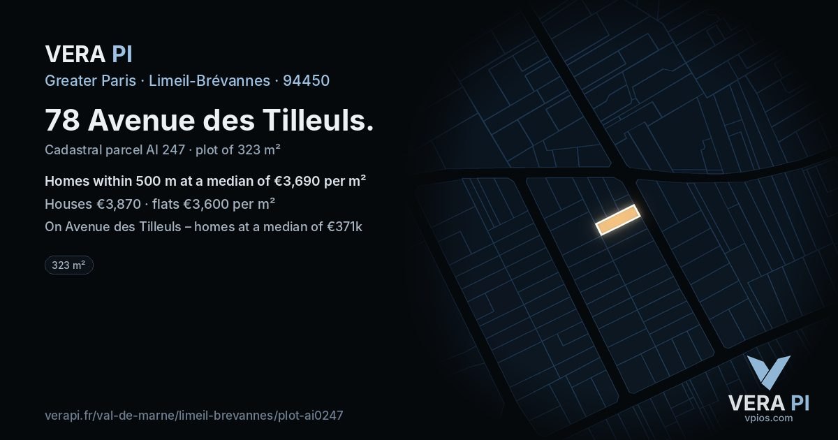 78 Avenue des Tilleuls, Limeil-Brévannes at night – the plot lit, the parcels around coloured by the prices near them
