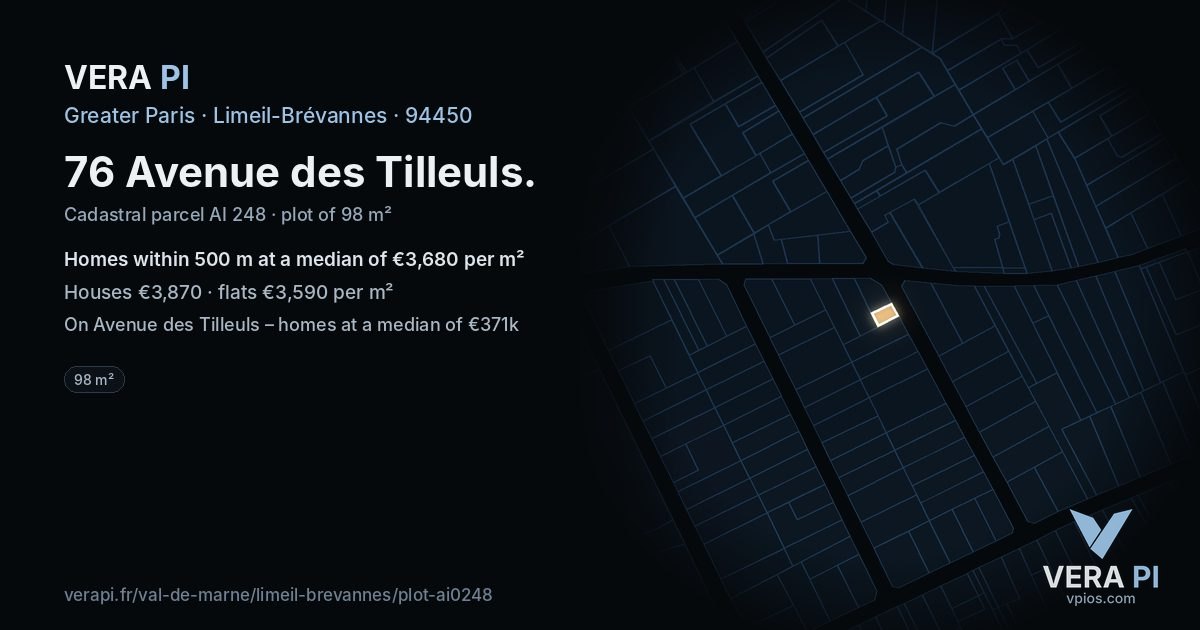 76 Avenue des Tilleuls, Limeil-Brévannes at night – the plot lit, the parcels around coloured by the prices near them