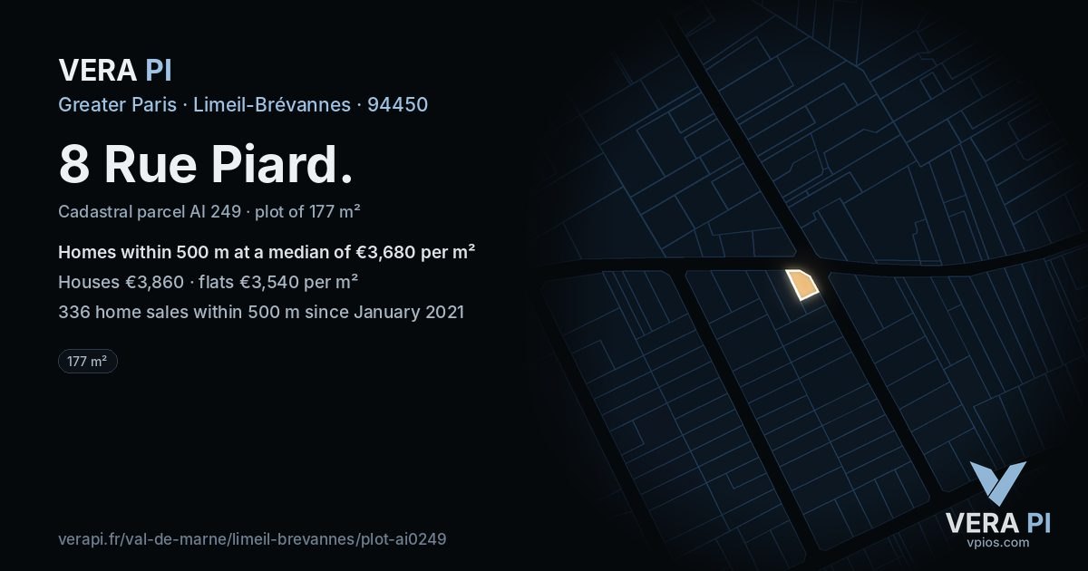8 Rue Piard, Limeil-Brévannes at night – the plot lit, the parcels around coloured by the prices near them