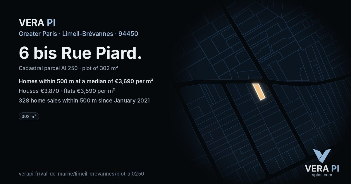 6 bis Rue Piard, Limeil-Brévannes at night – the plot lit, the parcels around coloured by the prices near them
