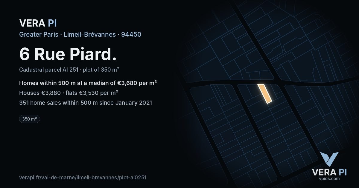 6 Rue Piard, Limeil-Brévannes at night – the plot lit, the parcels around coloured by the prices near them