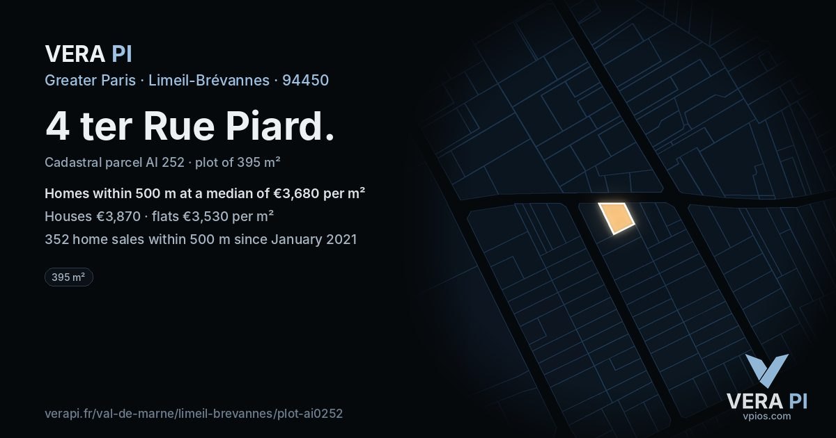 4 ter Rue Piard, Limeil-Brévannes at night – the plot lit, the parcels around coloured by the prices near them