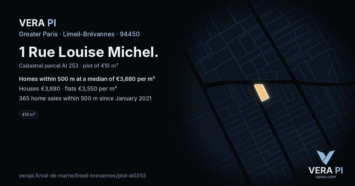 1 Rue Louise Michel, Limeil-Brévannes at night – the plot lit, the parcels around coloured by the prices near them