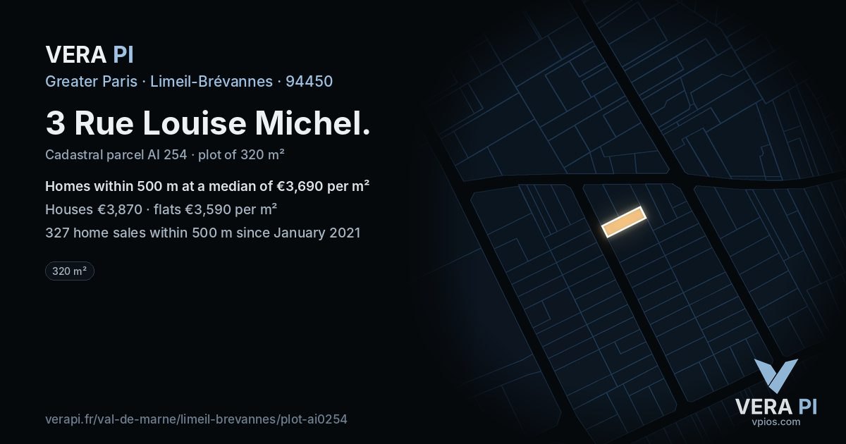 3 Rue Louise Michel, Limeil-Brévannes at night – the plot lit, the parcels around coloured by the prices near them
