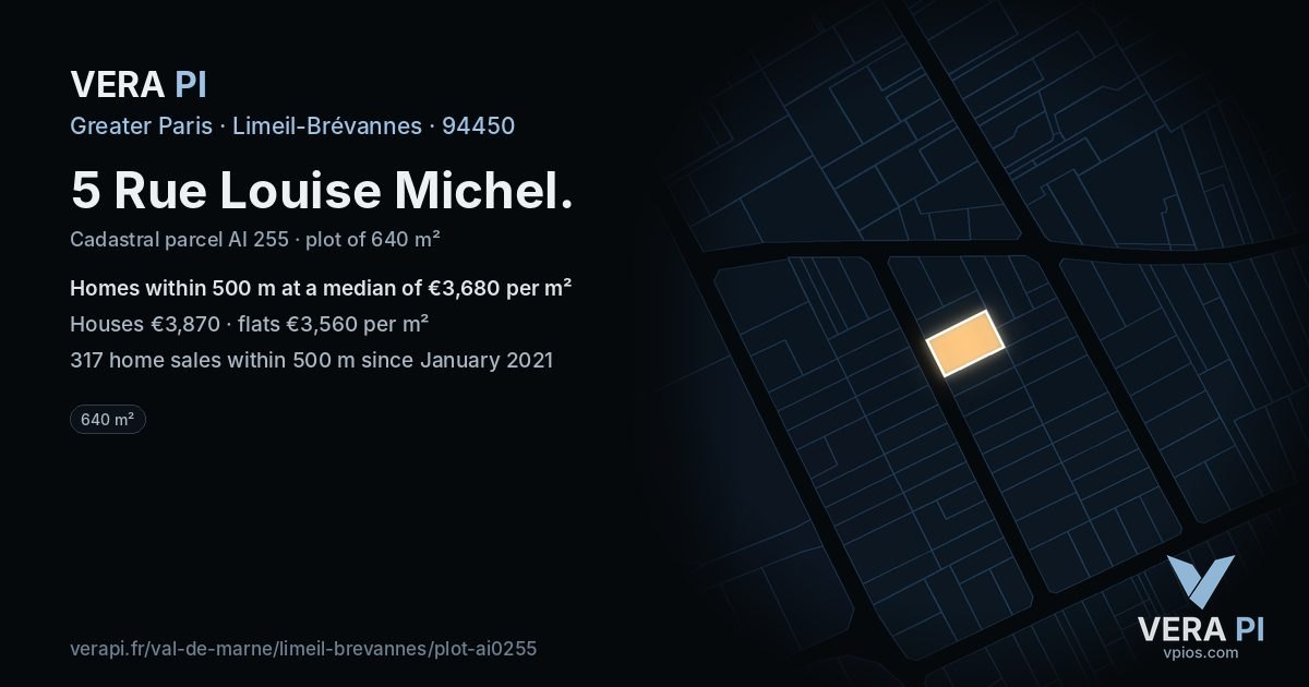 5 Rue Louise Michel, Limeil-Brévannes at night – the plot lit, the parcels around coloured by the prices near them