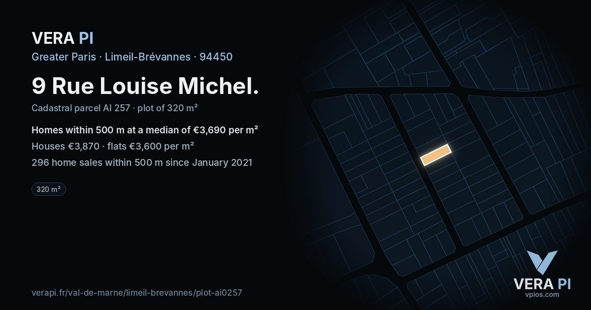 9 Rue Louise Michel, Limeil-Brévannes at night – the plot lit, the parcels around coloured by the prices near them