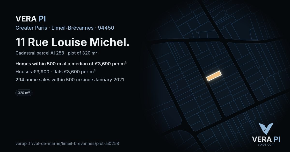 11 Rue Louise Michel, Limeil-Brévannes at night – the plot lit, the parcels around coloured by the prices near them