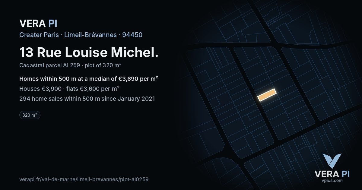13 Rue Louise Michel, Limeil-Brévannes at night – the plot lit, the parcels around coloured by the prices near them