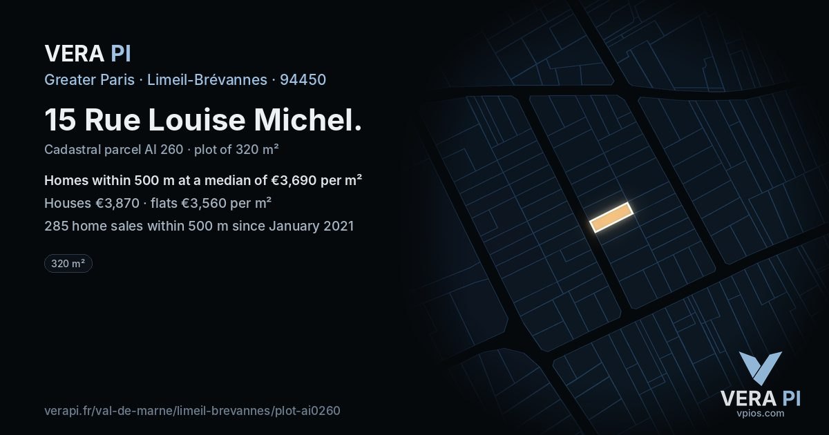 15 Rue Louise Michel, Limeil-Brévannes at night – the plot lit, the parcels around coloured by the prices near them