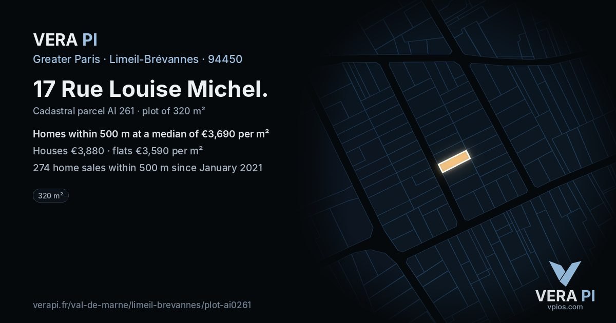 17 Rue Louise Michel, Limeil-Brévannes at night – the plot lit, the parcels around coloured by the prices near them