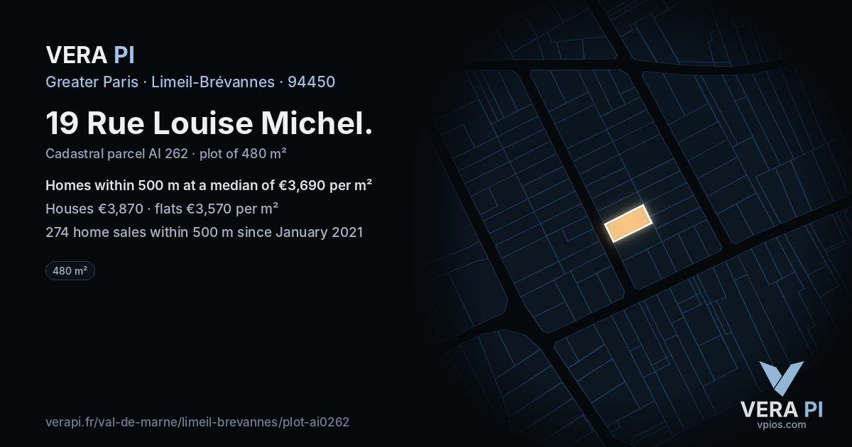 19 Rue Louise Michel, Limeil-Brévannes at night – the plot lit, the parcels around coloured by the prices near them