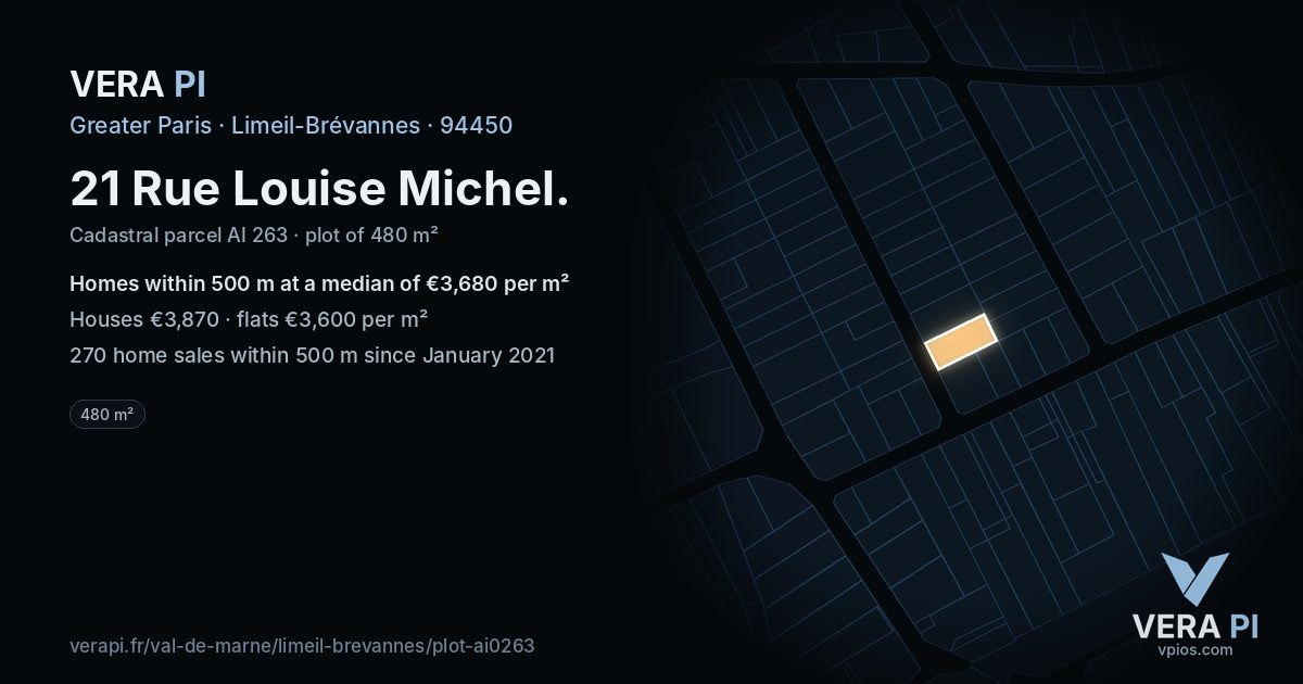 21 Rue Louise Michel, Limeil-Brévannes at night – the plot lit, the parcels around coloured by the prices near them