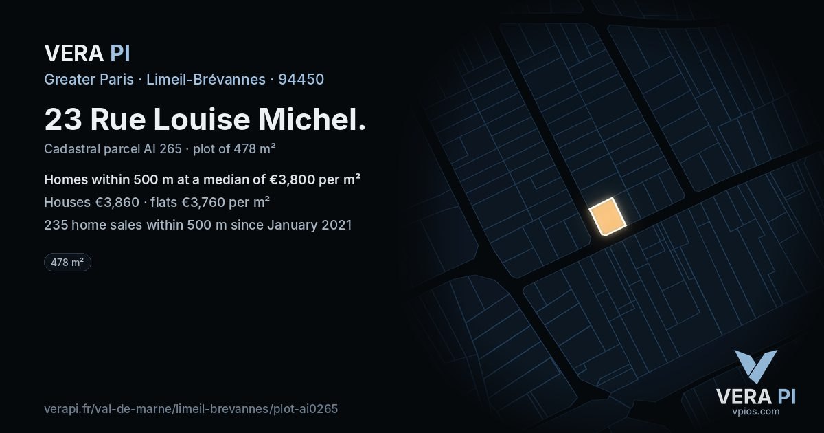 23 Rue Louise Michel, Limeil-Brévannes at night – the plot lit, the parcels around coloured by the prices near them