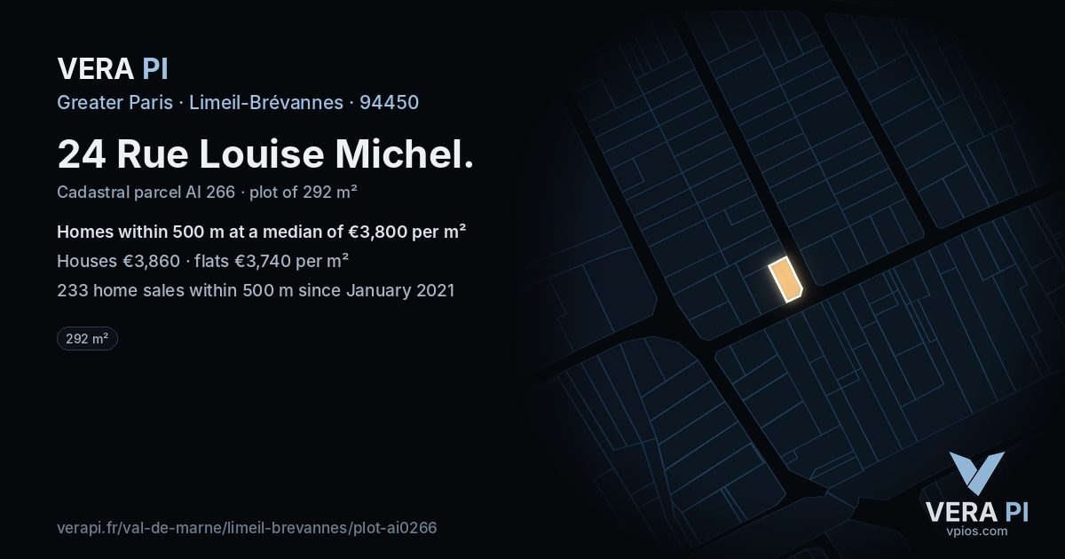 24 Rue Louise Michel, Limeil-Brévannes at night – the plot lit, the parcels around coloured by the prices near them
