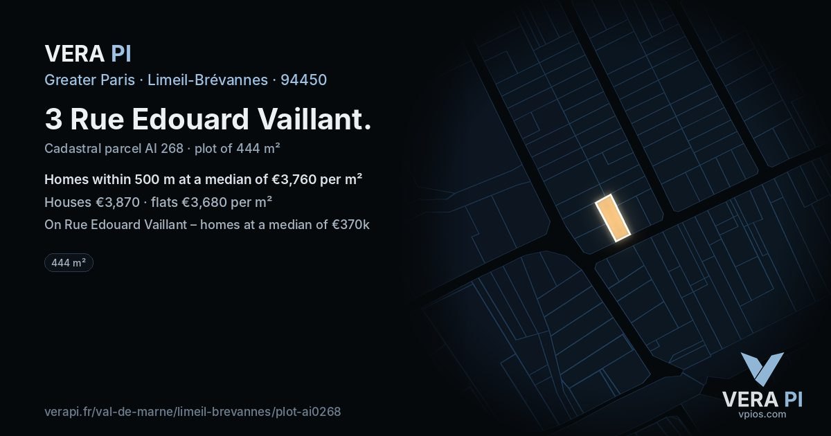 3 Rue Edouard Vaillant, Limeil-Brévannes at night – the plot lit, the parcels around coloured by the prices near them