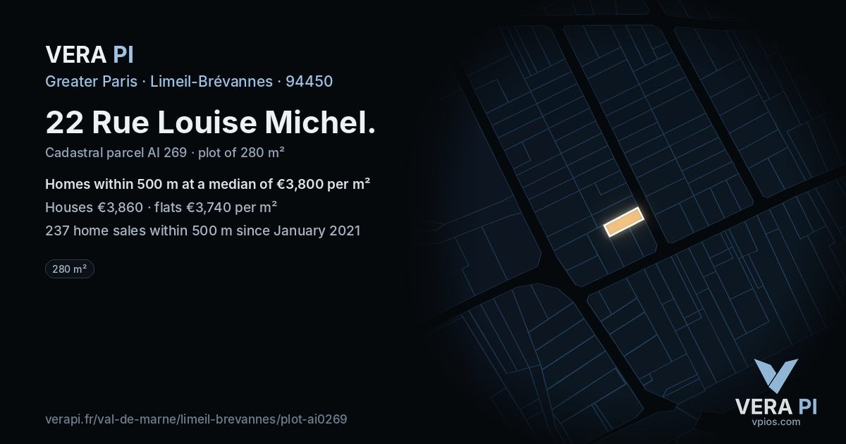 22 Rue Louise Michel, Limeil-Brévannes at night – the plot lit, the parcels around coloured by the prices near them
