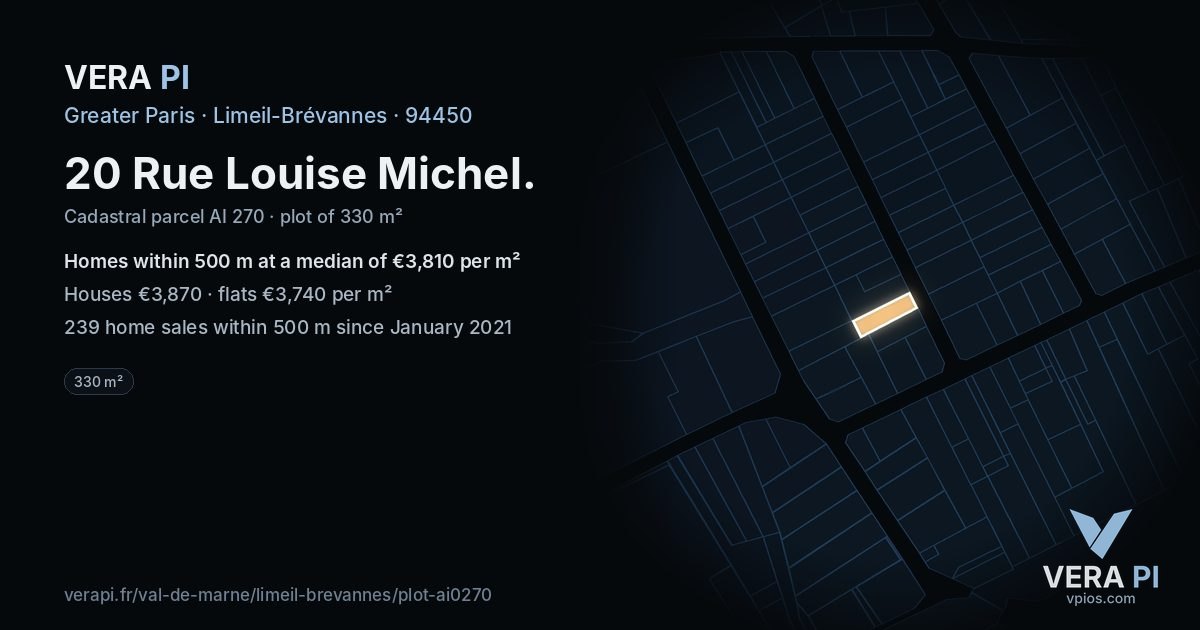 20 Rue Louise Michel, Limeil-Brévannes at night – the plot lit, the parcels around coloured by the prices near them