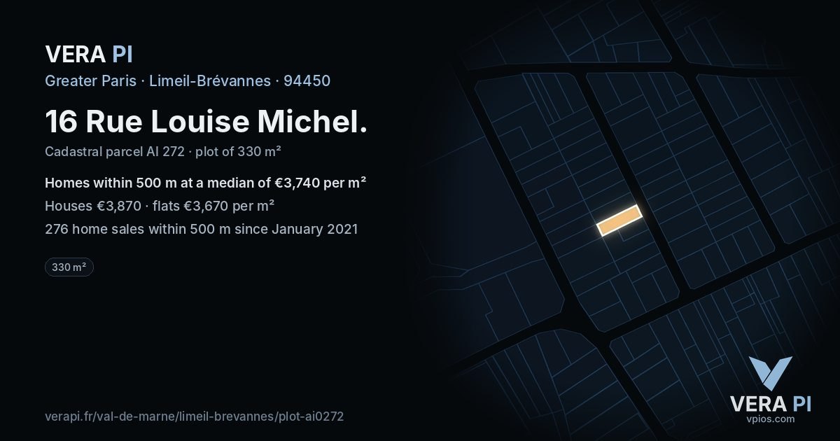 16 Rue Louise Michel, Limeil-Brévannes at night – the plot lit, the parcels around coloured by the prices near them