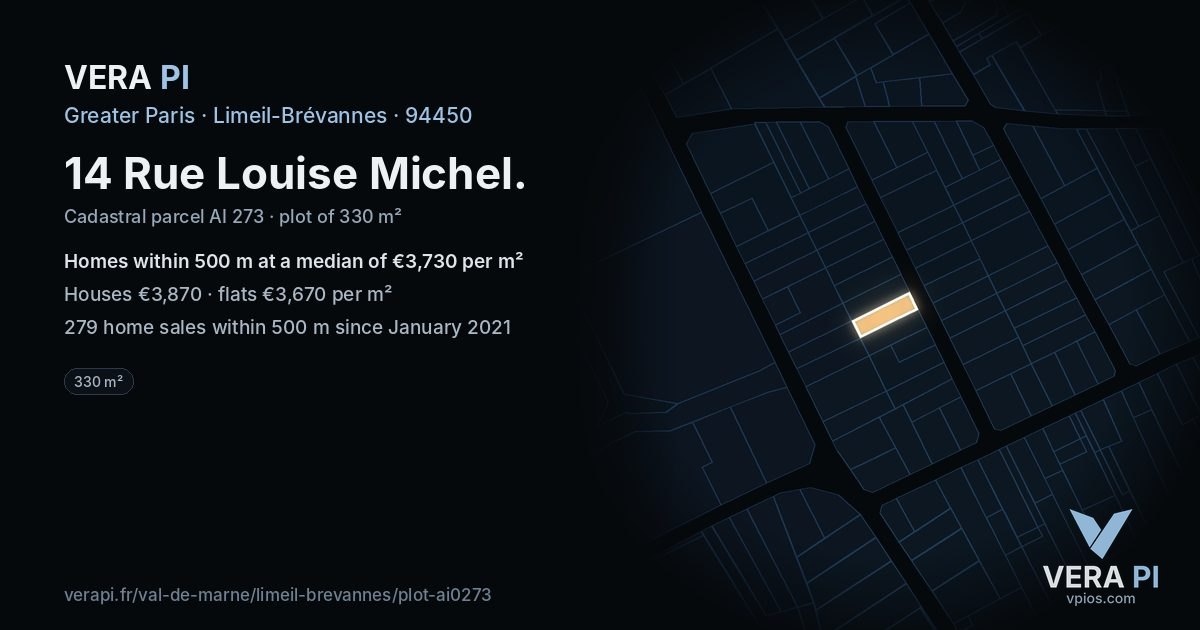 14 Rue Louise Michel, Limeil-Brévannes at night – the plot lit, the parcels around coloured by the prices near them